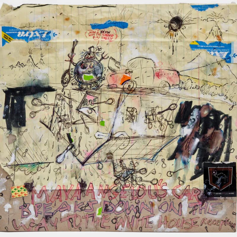 Mixed-media drawing on paper with figures, vehicles, and objects in ink, colored tape, and watercolor across a grid-patterned surface with handwritten text.