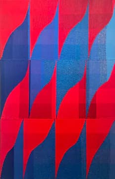 Abstract painting with geometric shapes in deep blue, red, and light blue tones arranged in a grid-like composition.