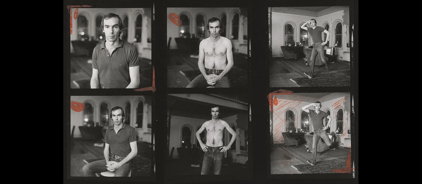 Grid of six black-and-white photographs showing a man in various indoor poses, some shirtless, arranged in contact-sheet style with red archive markings.