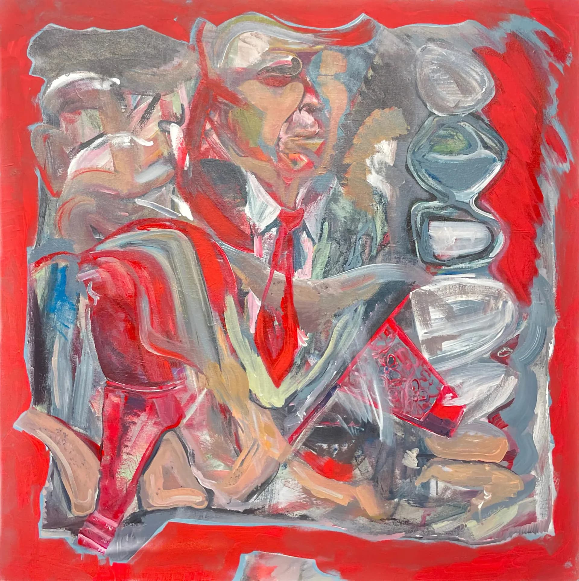 Abstract mixed-media painting on red background with gestural gray and flesh-toned brushstrokes depicting distorted figures and eyeglass forms.
