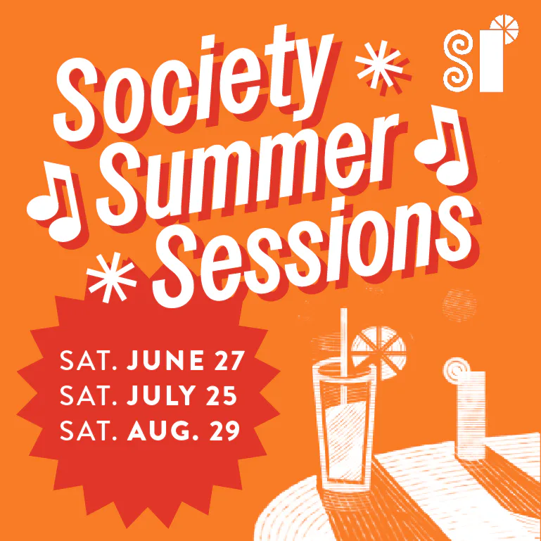 Bright orange promotional poster for Society Summer Sessions with white text, musical notes, decorative icons, and three event dates in June, July, and August on a red starburst.