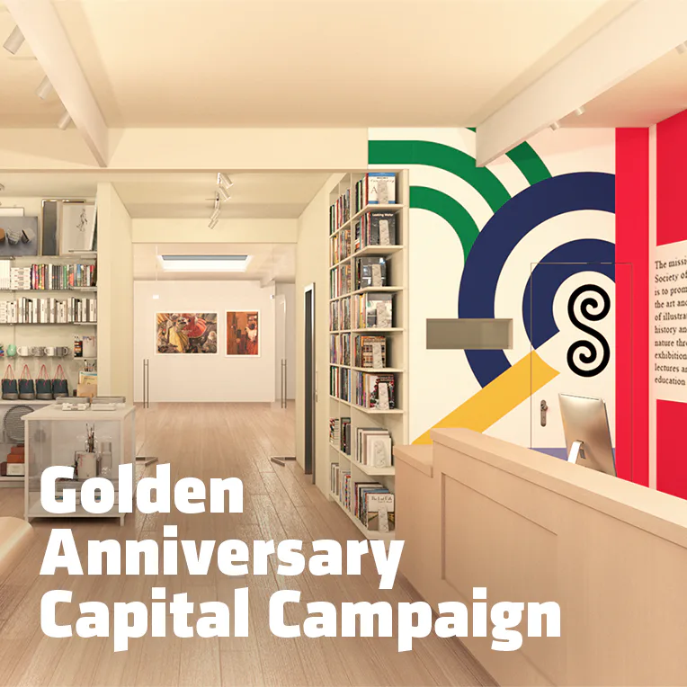 Architectural rendering of a modern library interior with white shelving, a colorful geometric logo featuring green, navy, and yellow curves, and red text reading 'Golden Anniversary Capital Campaign.'