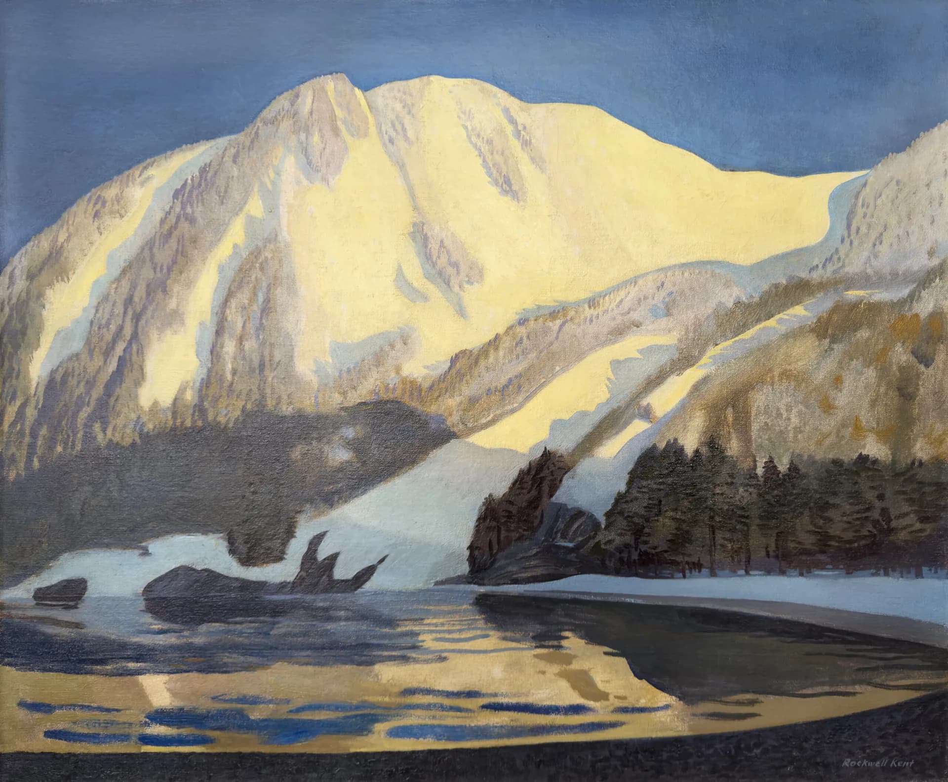 Oil painting of a snow-capped mountain reflected in a glacial lake, with evergreen trees and golden light illuminating the peak against a blue sky.