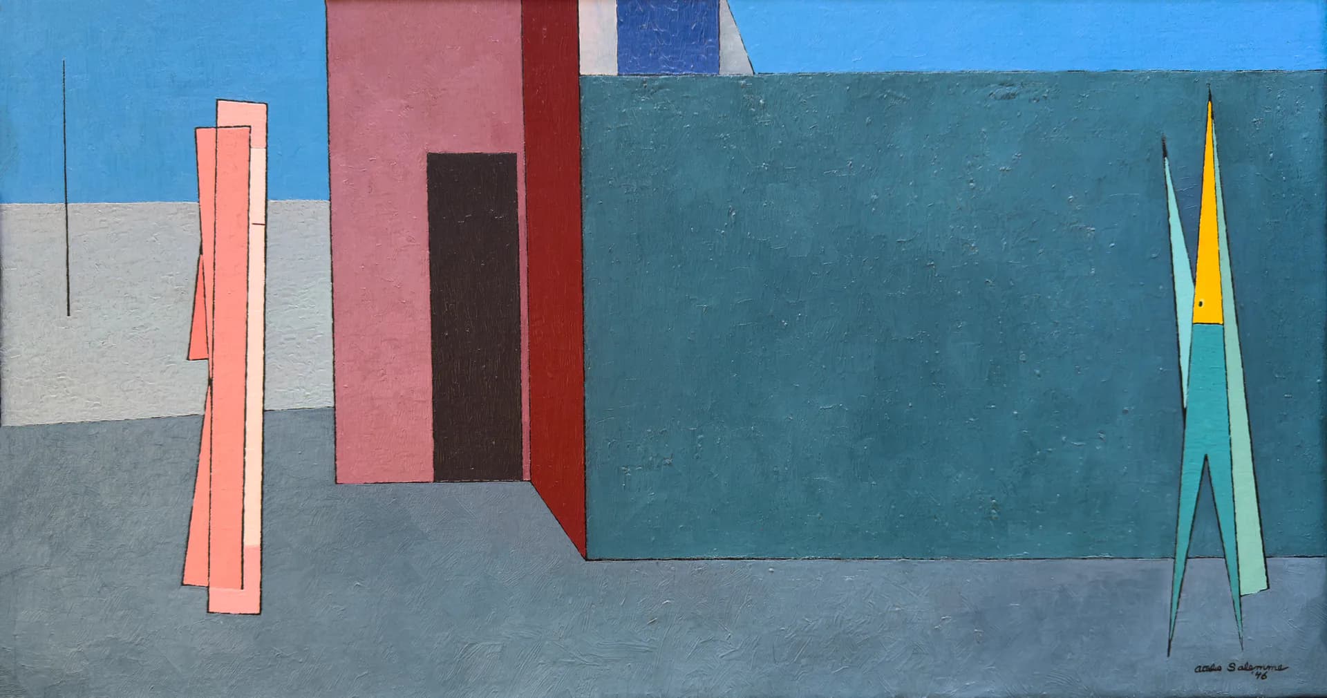 Abstract geometric painting featuring vertical colored forms and horizontal teal bands in shades of blue, pink, yellow, and gray.