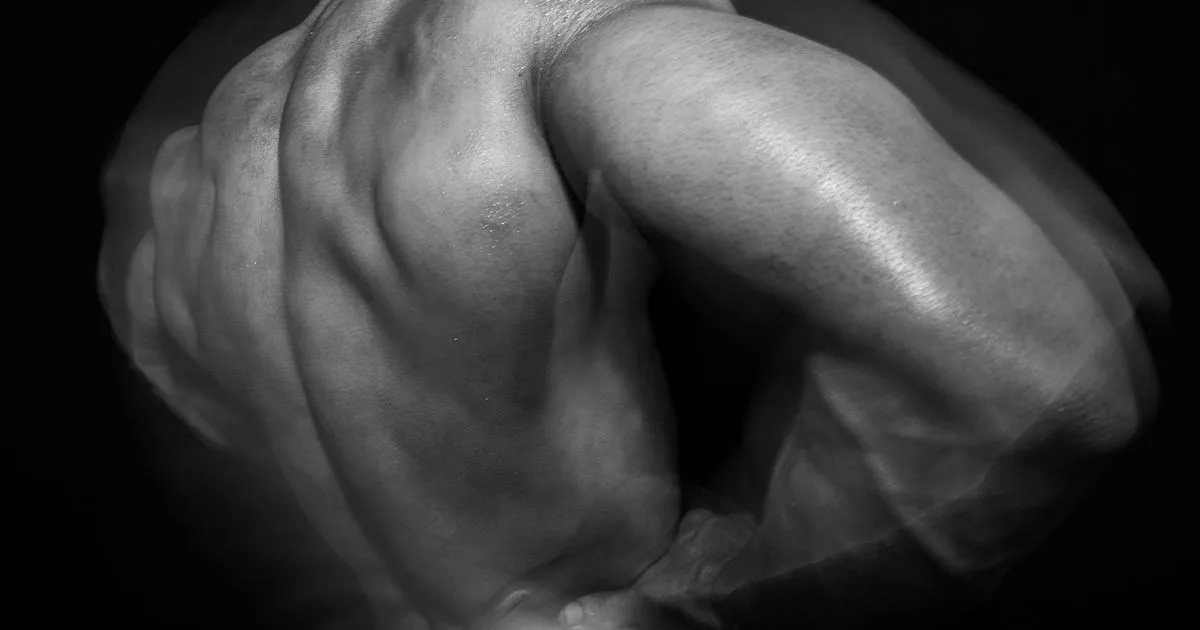 Black-and-white photograph or sculpture study depicting abstract human musculature and torso with dramatic lighting and strong chiaroscuro contrast against dark background.