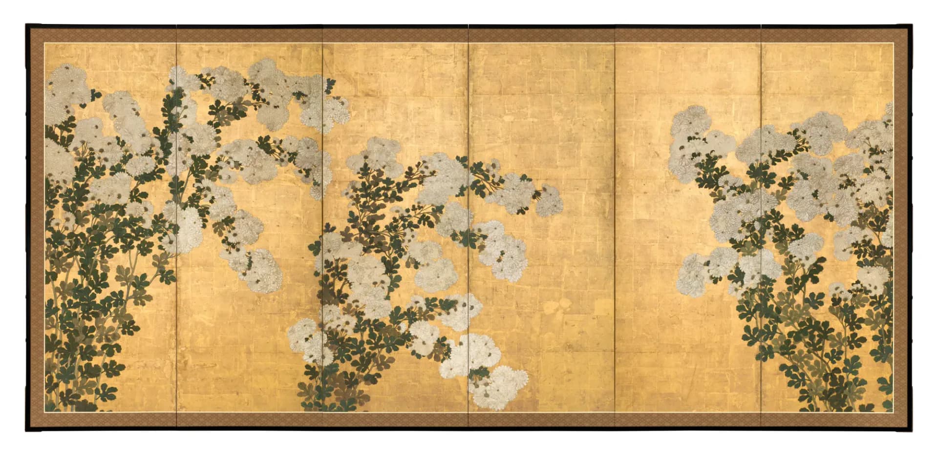 Six-panel gilded screen depicting hanging ivy and flowering vines in green and white against warm gold background, Japanese-inspired minimalist style.