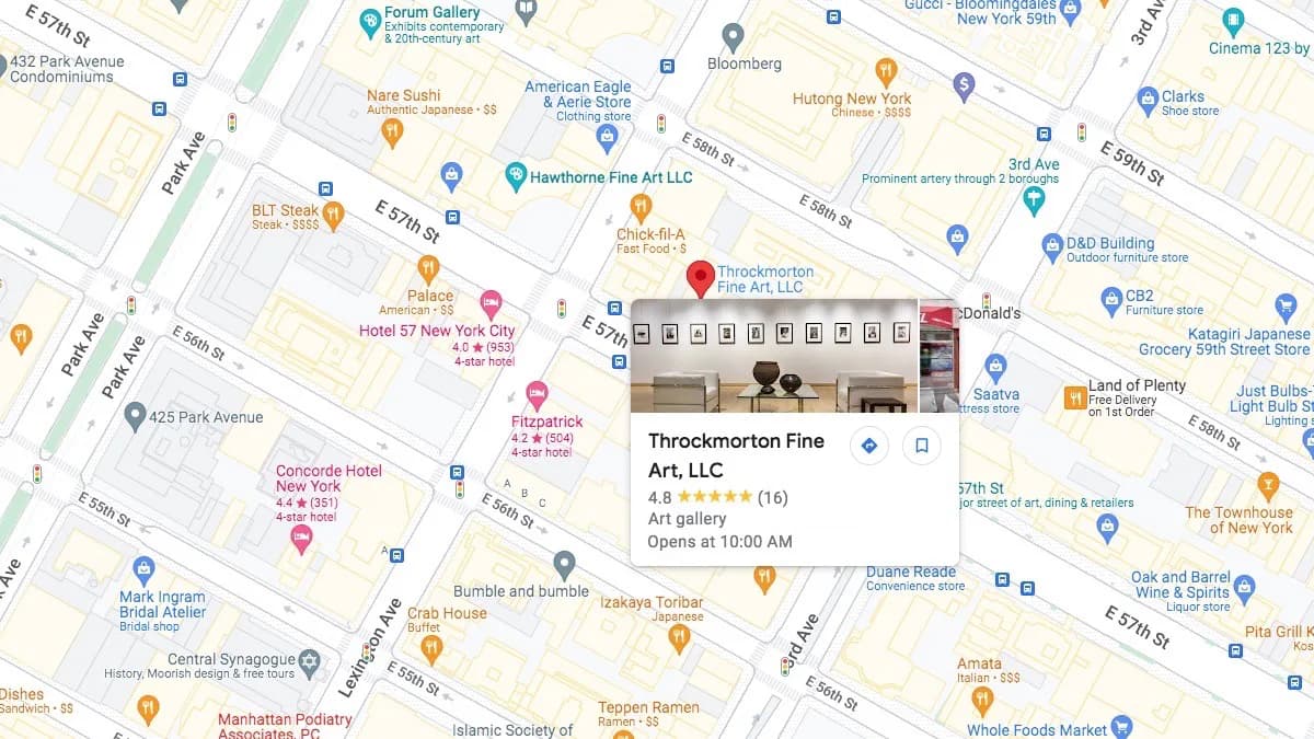 Google Maps screenshot showing Throckmorton Fine Art gallery location marked on Manhattan street grid with business details visible.