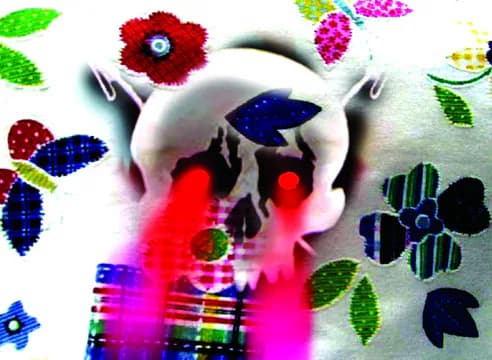 Digital collage with surreal skull surrounded by neon pink geometric shapes, colorful flowers, and glitch effects on white background.
