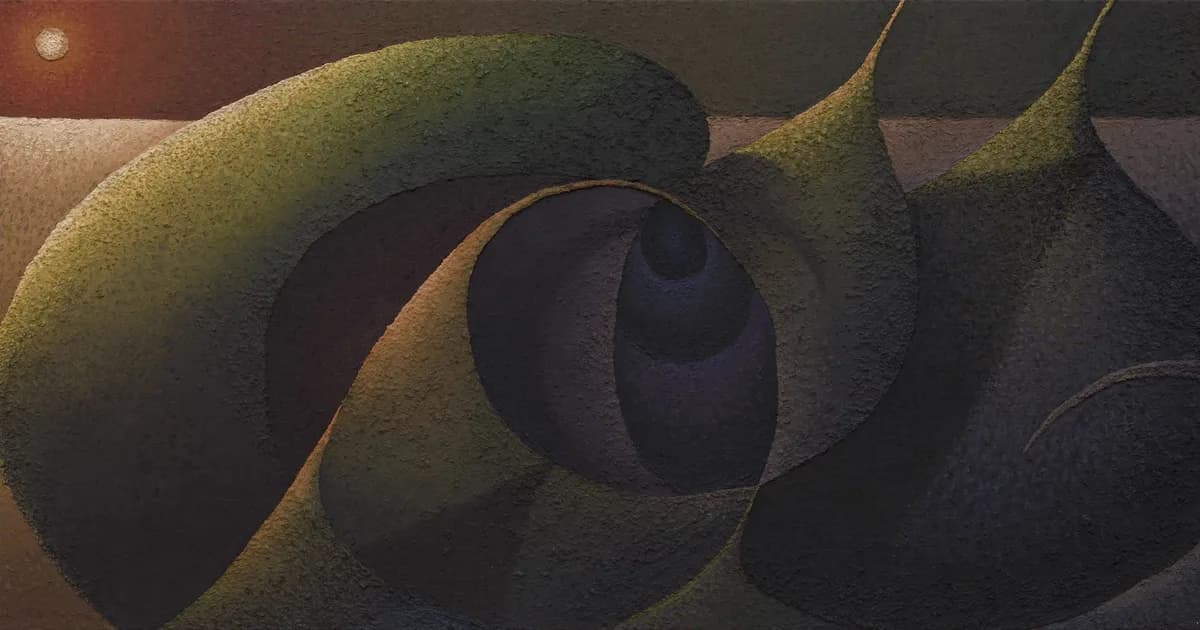 Abstract sculptural forms with curved, organic shapes in muted green and brown tones, rendered with dramatic lighting and shadow.
