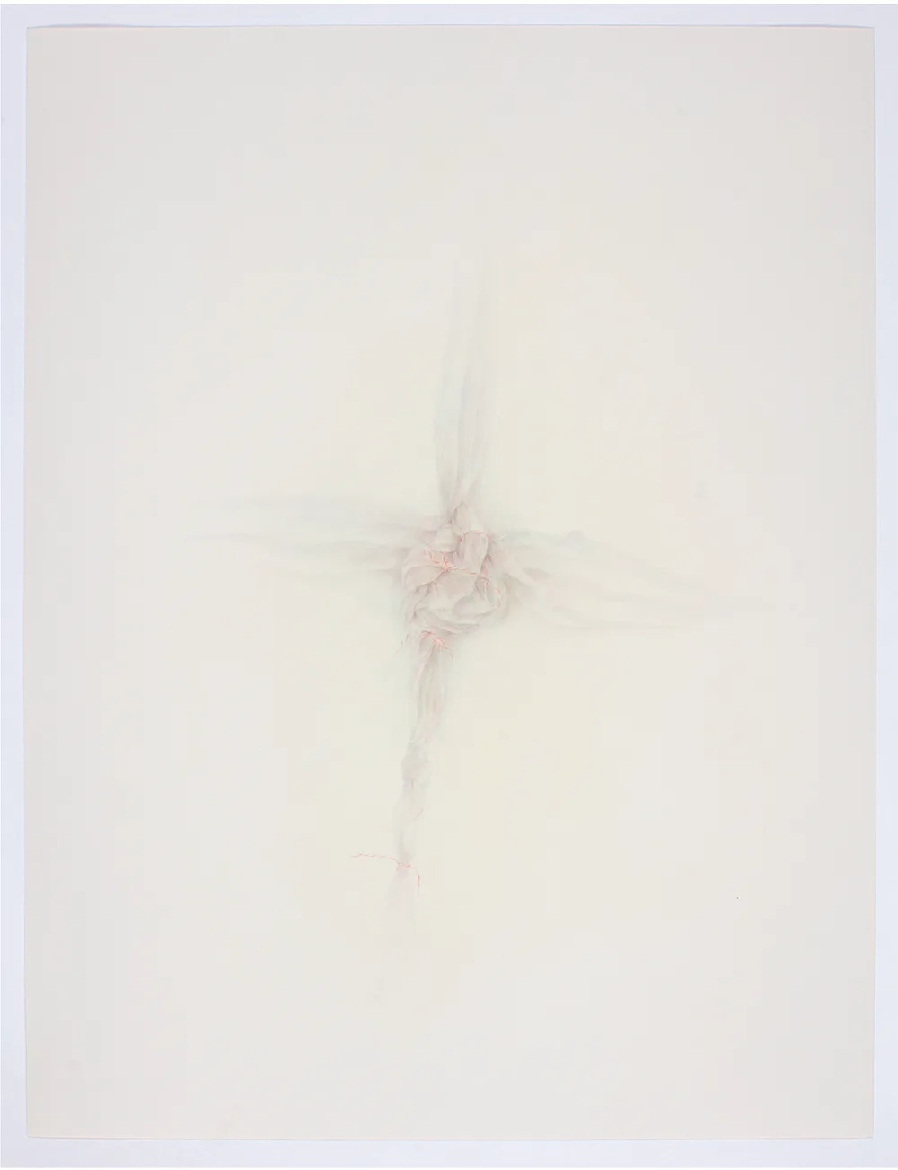 Minimal abstract artwork on light cream paper with delicate pale pink/rose tones concentrated in the center, creating a subtle focal point against an otherwise nearly blank composition.
