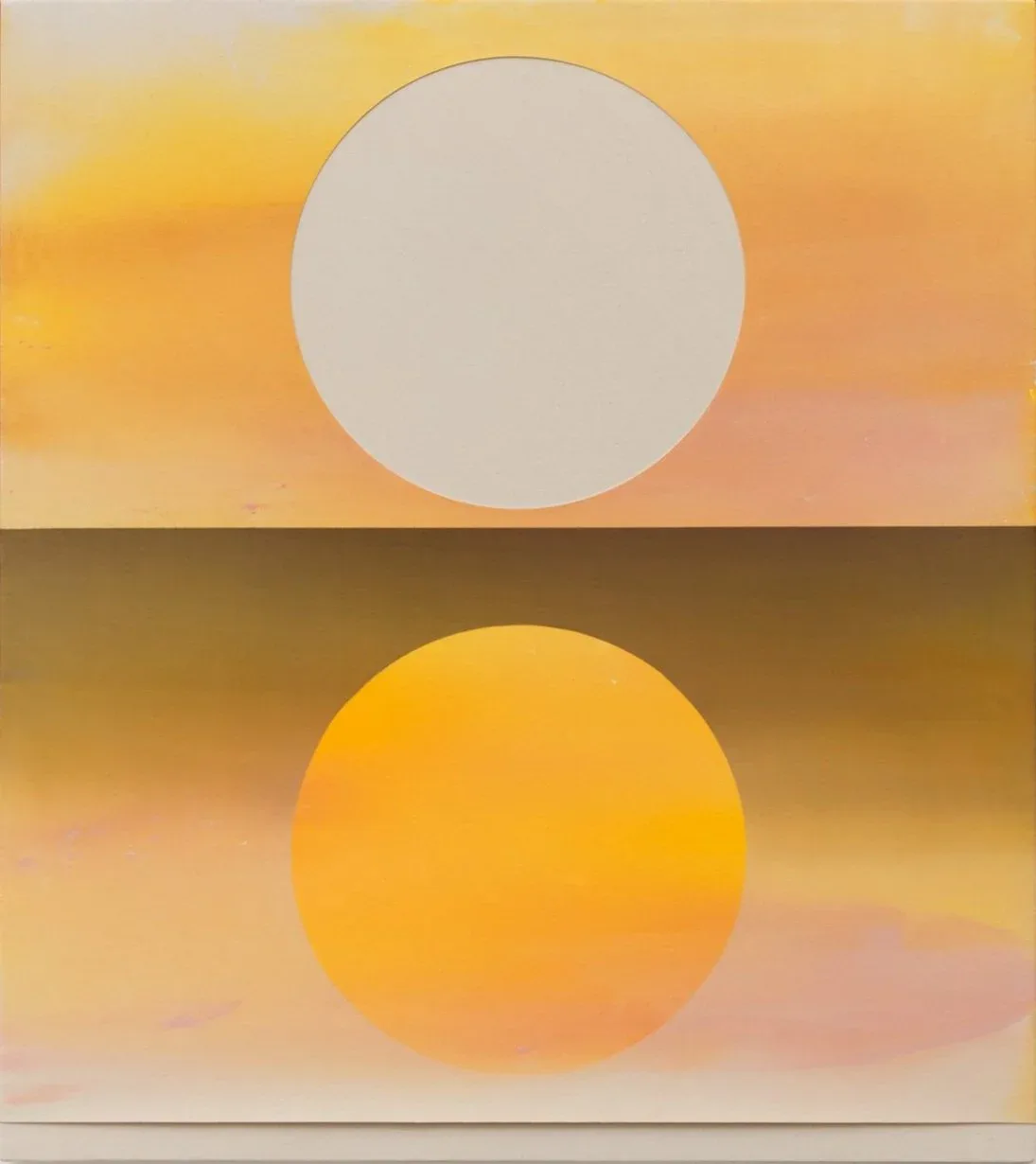 Minimalist painting with two circles—pale cream above, golden yellow below—against gradient sunset-toned background.