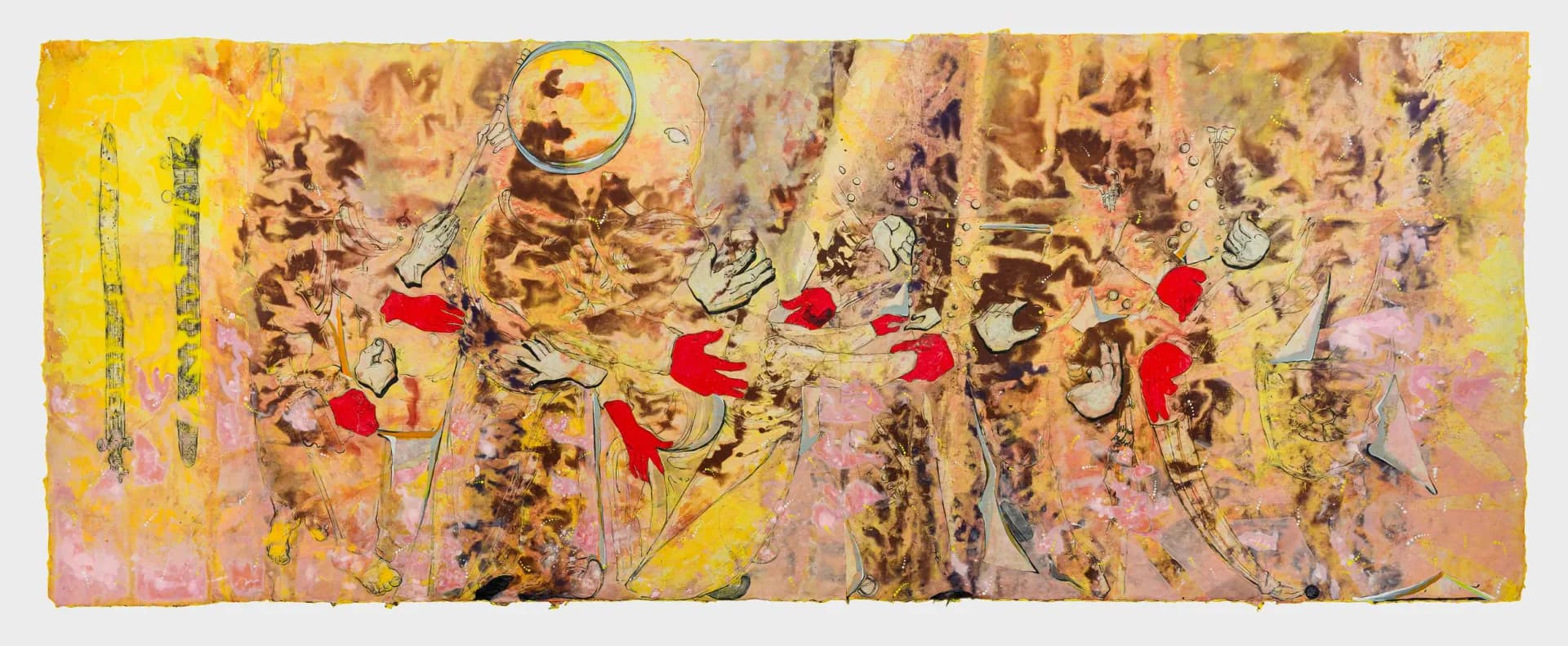 Abstract mixed-media painting with yellow and pink backgrounds, featuring gestural brown marks, circular forms, and red rectangular accents arranged horizontally.