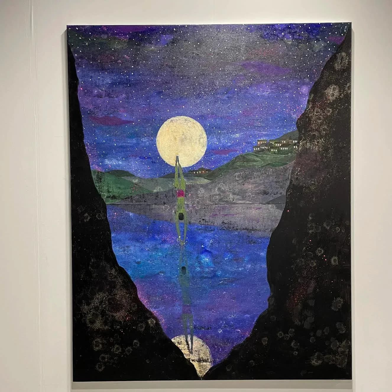 Mixed-media painting depicting a full moon suspended above a landscape valley, with purple night sky and dark rock formations framing the composition.