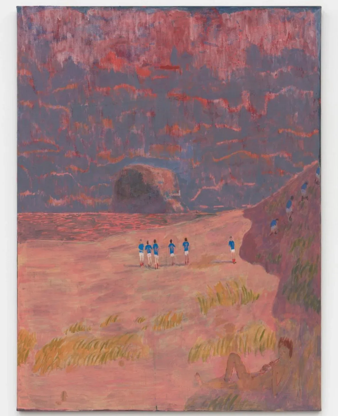 Mixed-media landscape painting depicting five figures in blue standing in a pink desert canyon under red rock formations and dusky sky.
