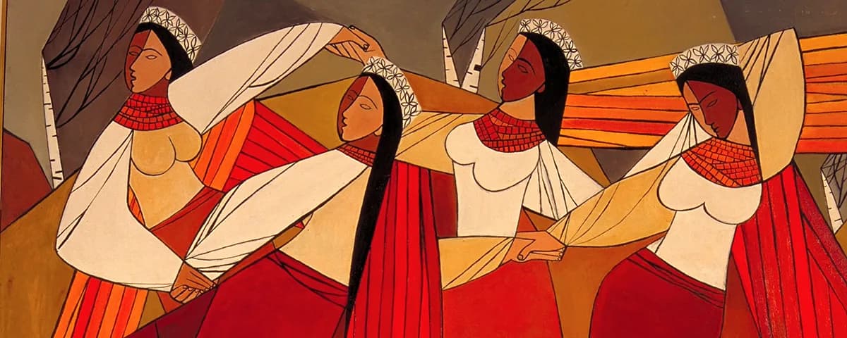 Stylized illustration of four women in traditional Ukrainian dress with embroidered red garments and white headscarves, rendered in warm earth tones.
