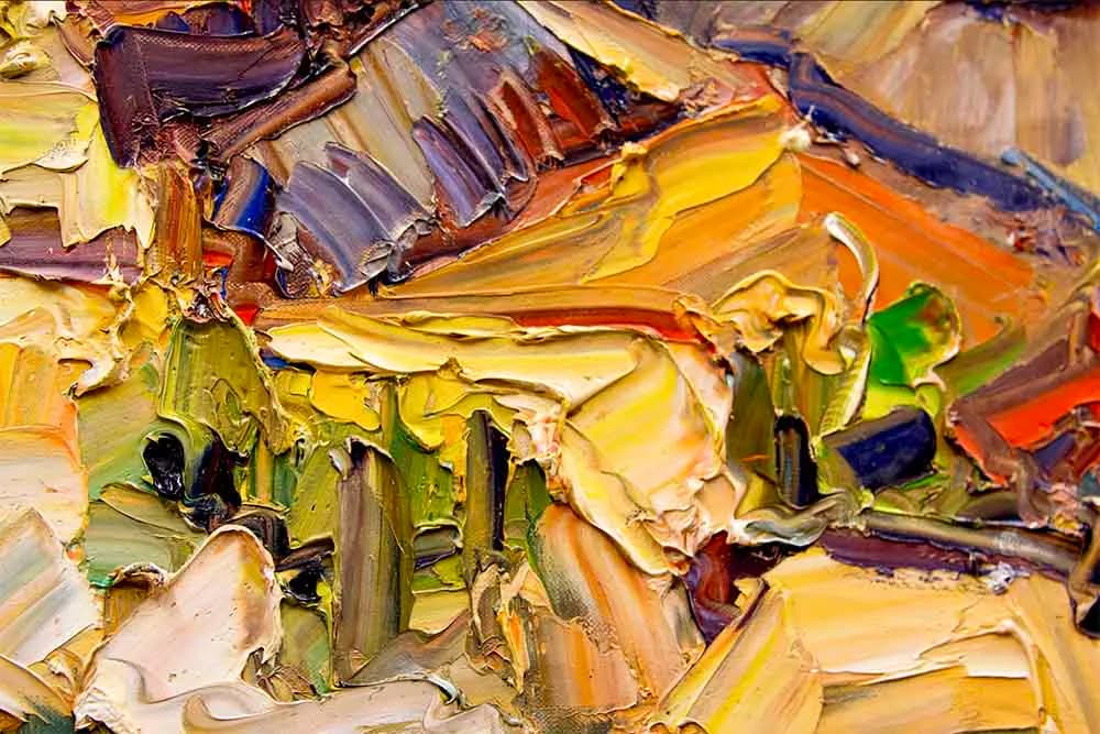 Abstract oil painting with bold gestural brushstrokes in yellows, blues, oranges, and greens layered thickly on canvas.