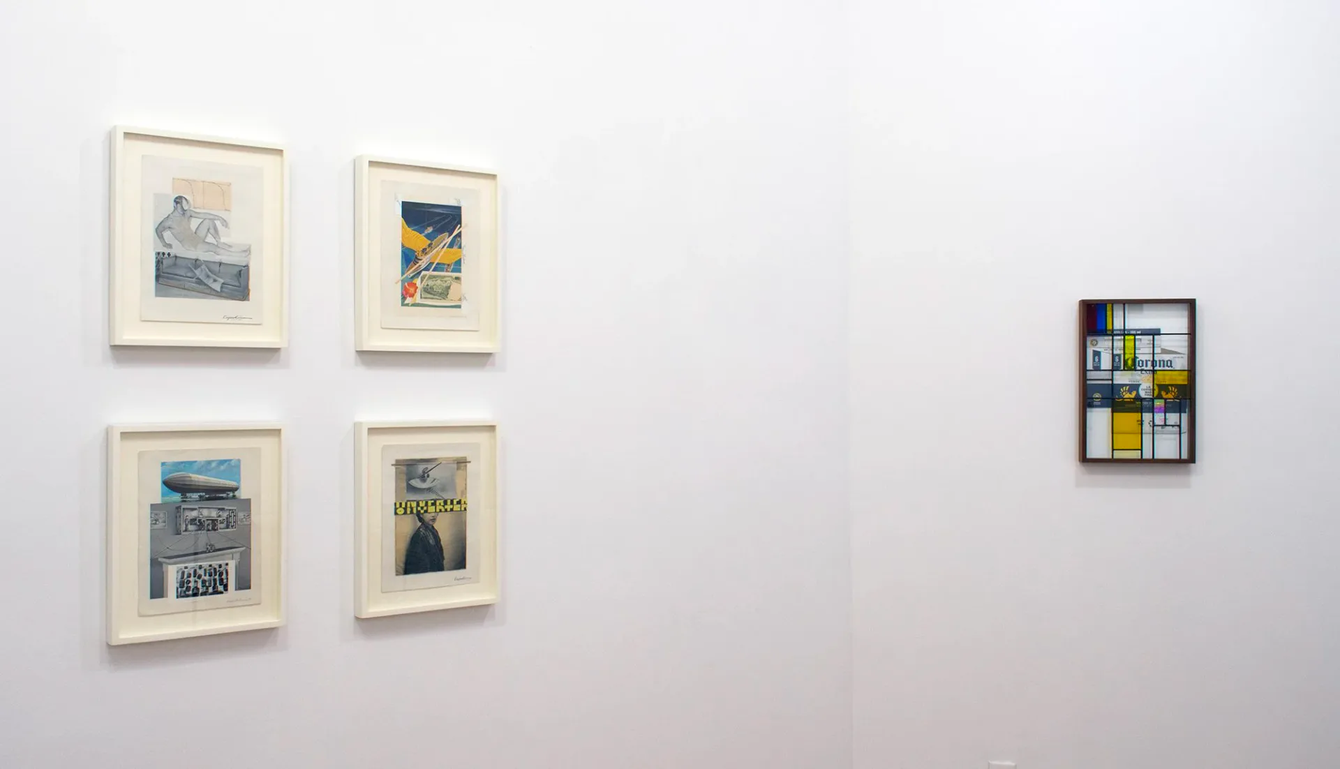 Gallery wall with four framed artworks on left side and one smaller framed piece on right side against white wall, showing Ulterior Gallery interior exhibition space.
