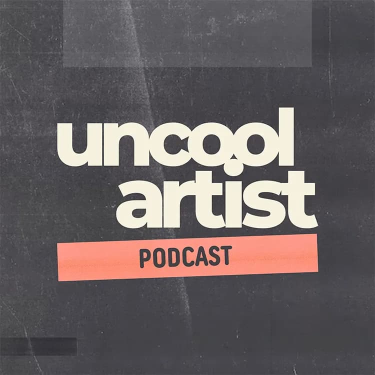 Uncool Artist Podcast title in white sans-serif type with a coral-red rectangular banner, set against a dark textured background.