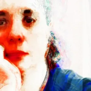 Abstract mixed-media portrait with a face rendered in red and white washes, blended with blue tones on the shoulder, creating a fluid, expressionistic effect.