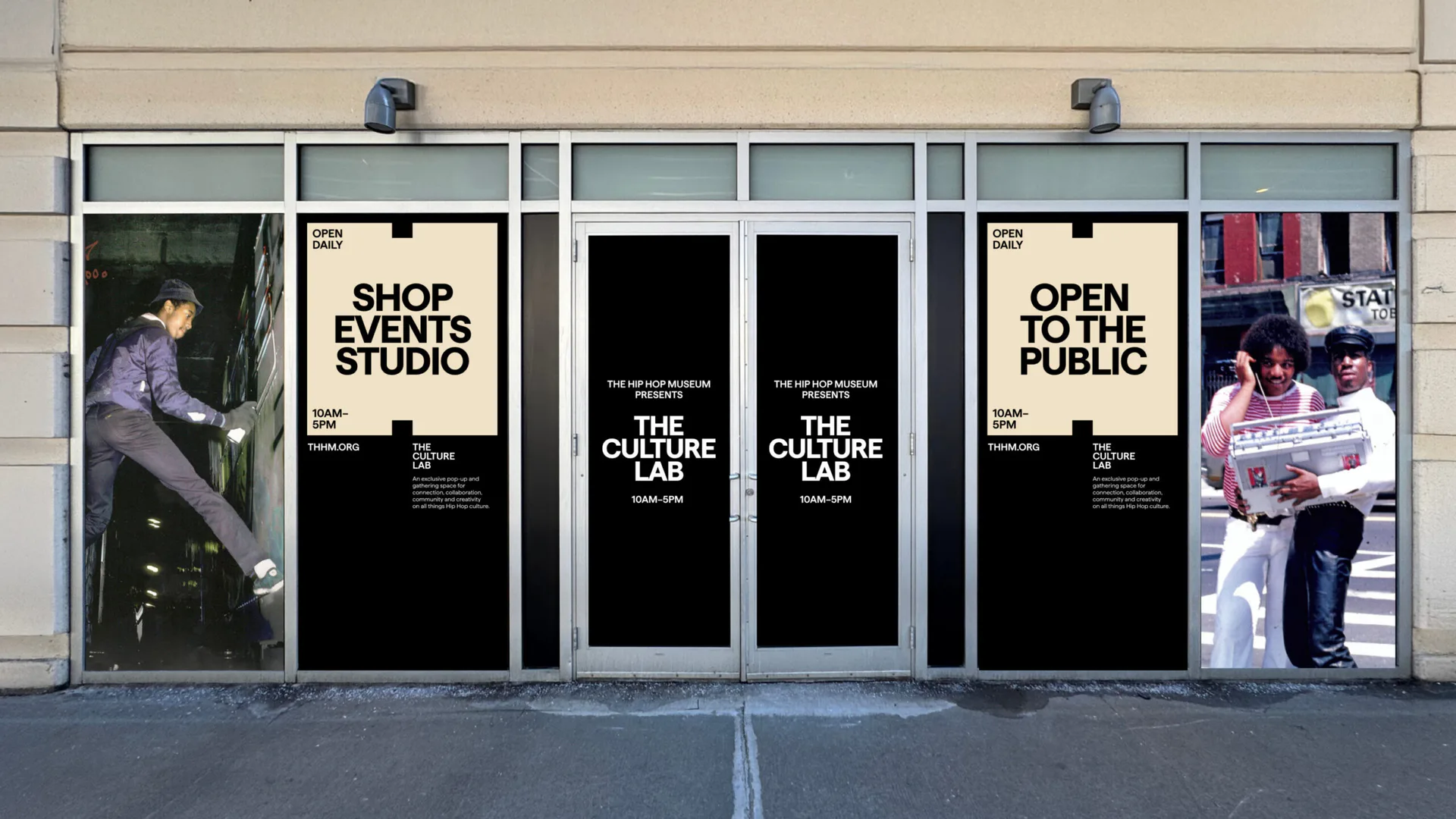 Storefront entrance with glass doors and windows, featuring black signage reading 'Shop Events Studio' and 'Open to the Public,' with photographs displayed in window panels.