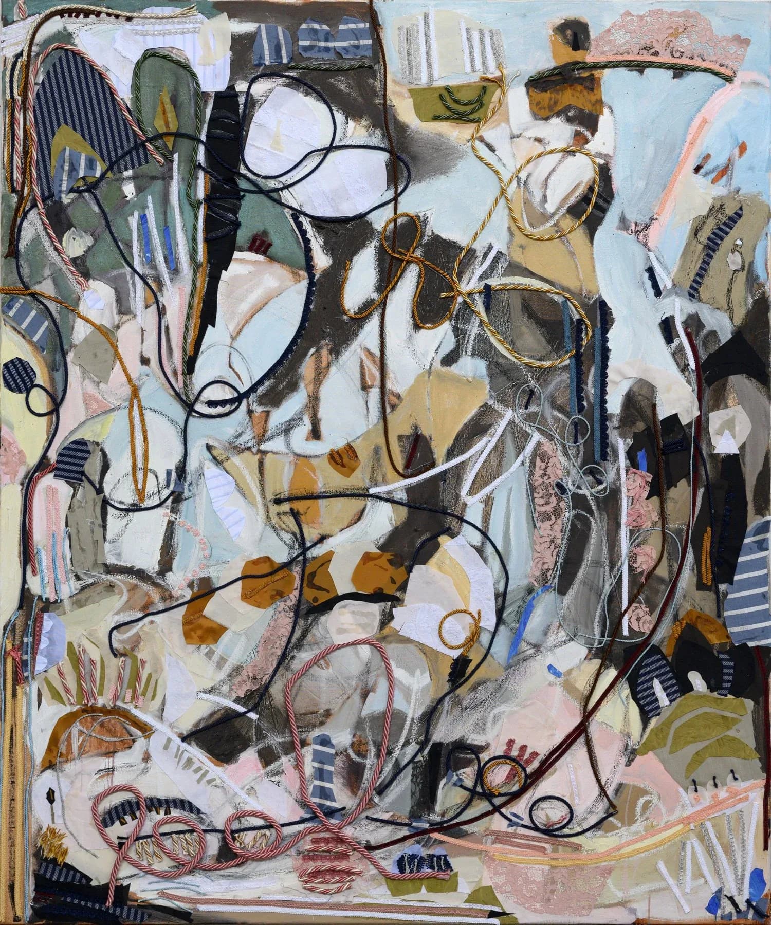 Mixed-media abstract collage with interwoven black curved lines, geometric shapes, ochre and blue tones, and layered paper elements.