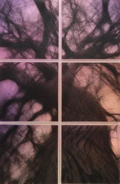 Six-panel grid artwork with dark silhouettes of tree branches against pink and purple gradient backgrounds.