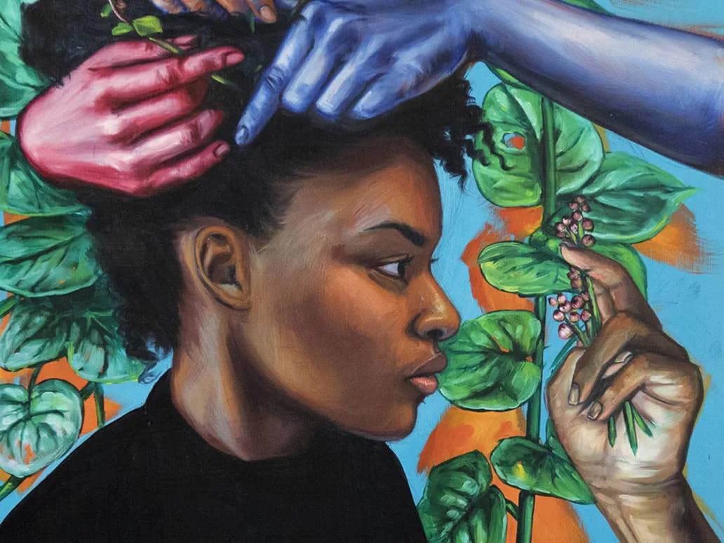 Acrylic painting of a woman in profile against blue background, with vibrant green foliage, colorful hands, and pink floral elements in her hair.