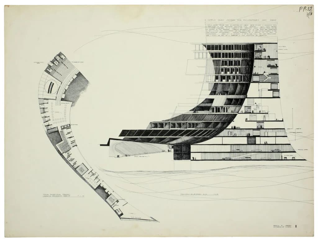 Architectural section and plan drawing in black ink on cream paper showing curved building profile and detailed floor layouts.
