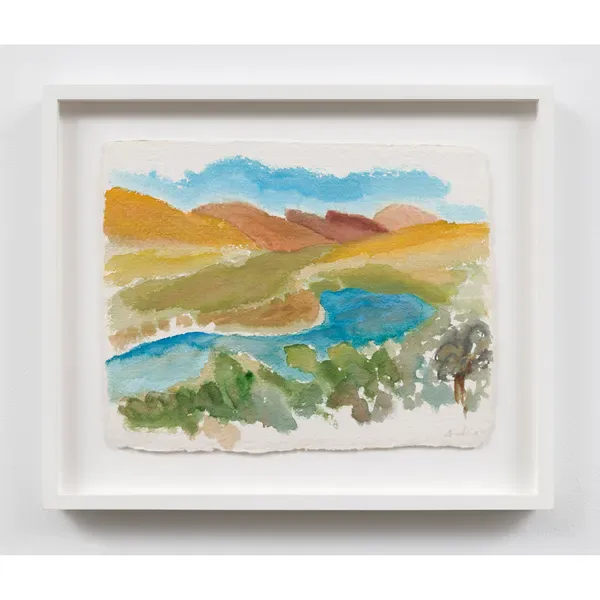 Watercolor landscape with layered rolling hills in ochre, green, and blue tones, featuring a winding river and distant mountains under pale sky.