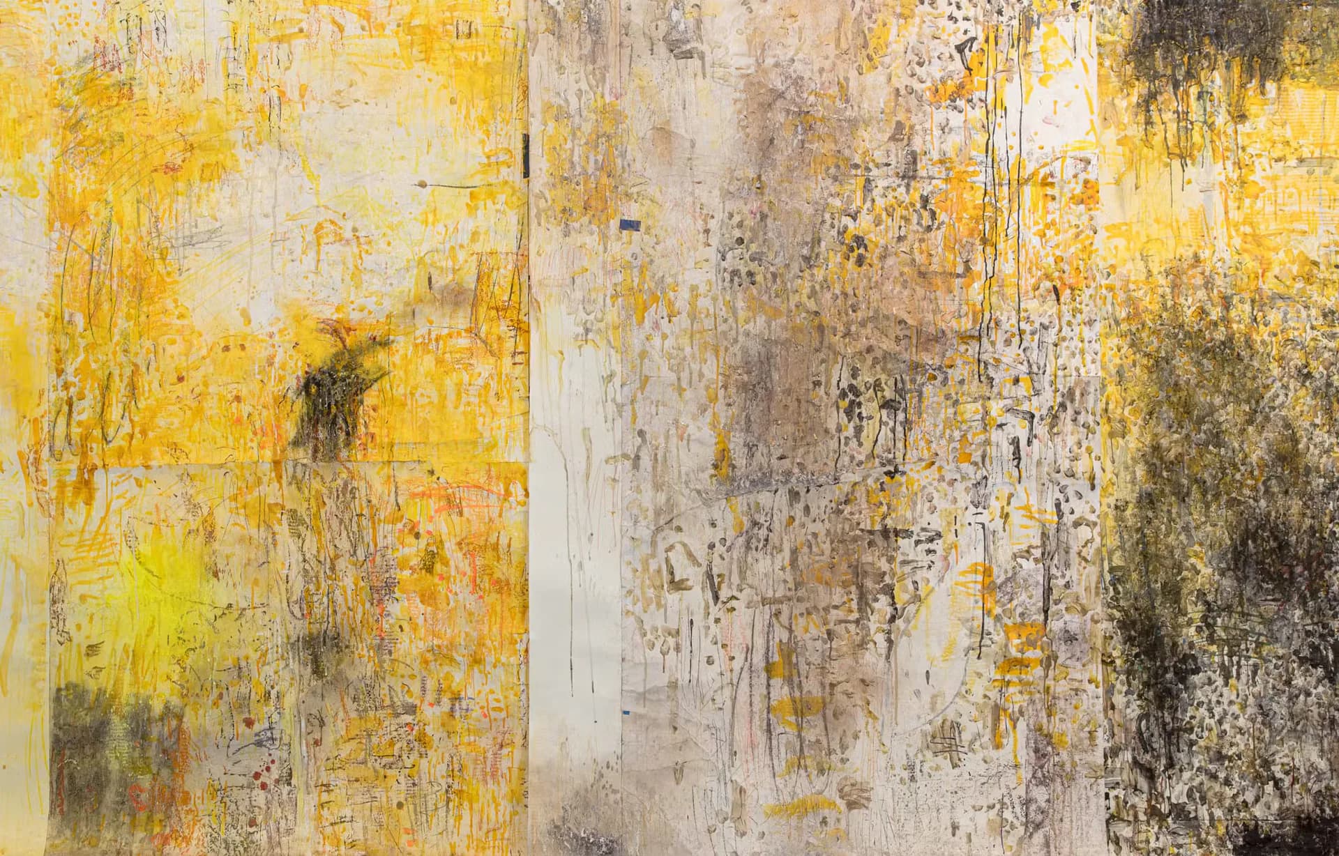 Abstract mixed-media panel with distressed yellow, gray, and white textures suggesting weathered surfaces or decay.