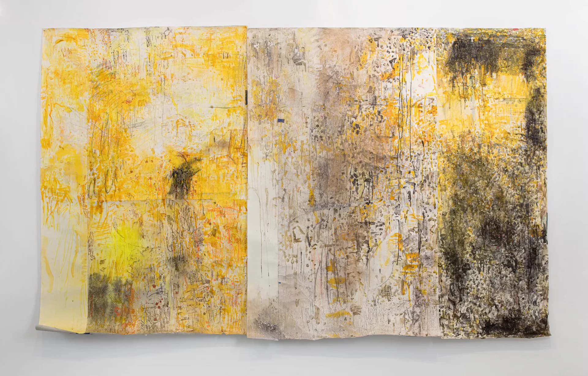 Three-panel mixed-media triptych with progressively darkening palette from yellow to white to gray, textured and weathered surfaces.