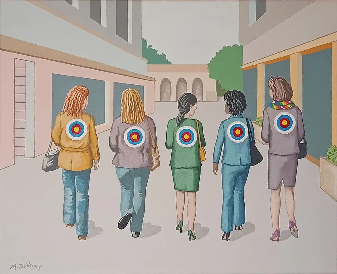 Illustration of five figures viewed from behind walking through a modern hallway, each wearing a jacket with a blue and red target symbol.