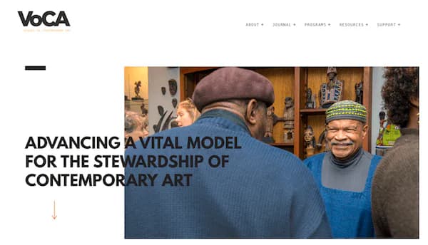 VoCA website header with bold typography reading 'Advancing a Vital Model for the Stewardship of Contemporary Art' alongside photograph of people in an art studio.