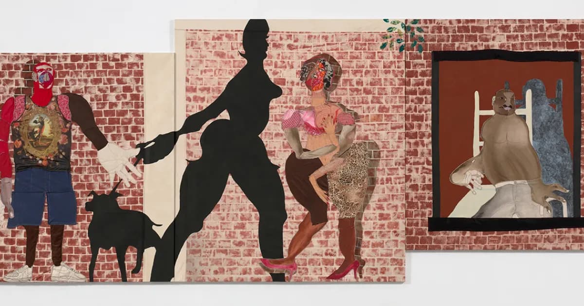 Mixed-media collage on brick-patterned background featuring black silhouette of dancing figure with dog, surrounded by colorful painted figures in red, gold, and blue.