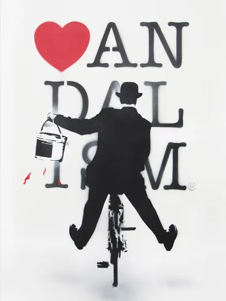 Silhouette of man on bicycle holding bucket, pouring water over large red heart and gray letters spelling "I LOVE ANDALUSIA"; mixed-media or screen print.