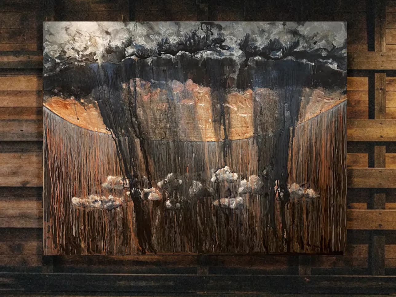 Mixed-media artwork featuring textured brown wood grain patterns with white floral elements against dark shadowy backdrop, mounted on wooden wall.