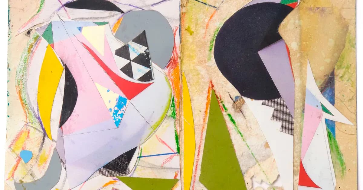 Abstract mixed-media painting with geometric shapes, bold colors including pink, yellow, black, and green, featuring circular and triangular forms on a layered collage background.