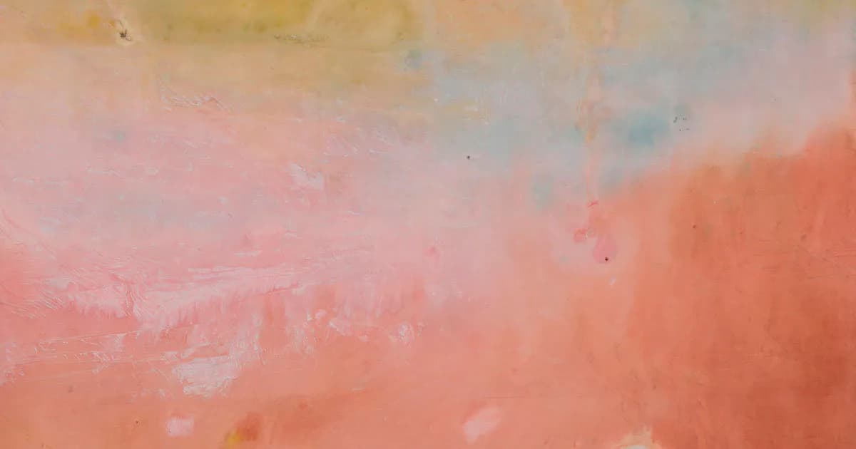 Soft, muted abstract painting with layered washes in peach, pink, and cream tones, featuring subtle gestural marks and atmospheric color transitions.