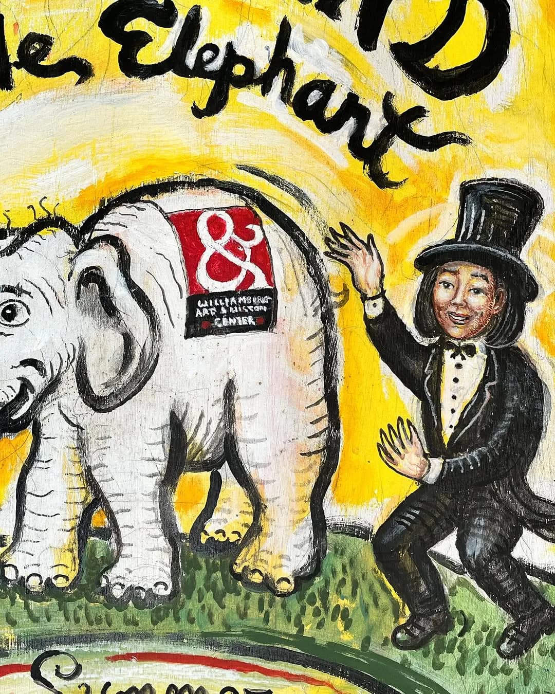 Mixed-media painting with yellow background depicting a white elephant wearing a red saddle blanket and a man in formal attire with top hat; black outlines and green grass at base.