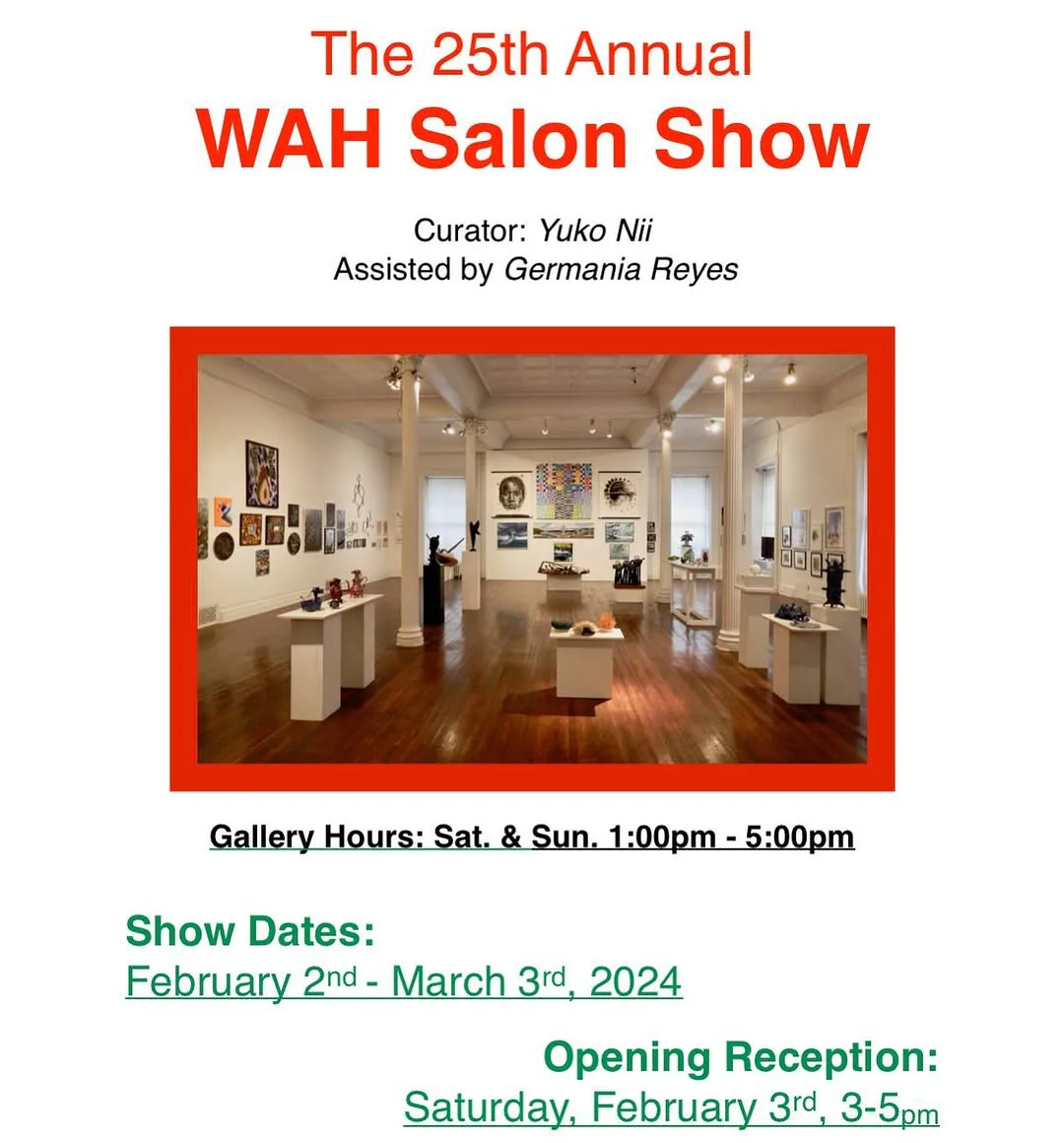 Exhibition announcement for the 25th Annual WAH Salon Show, February 2–March 3, 2024, curated by Yuko Nii; includes gallery interior photograph and opening reception details.