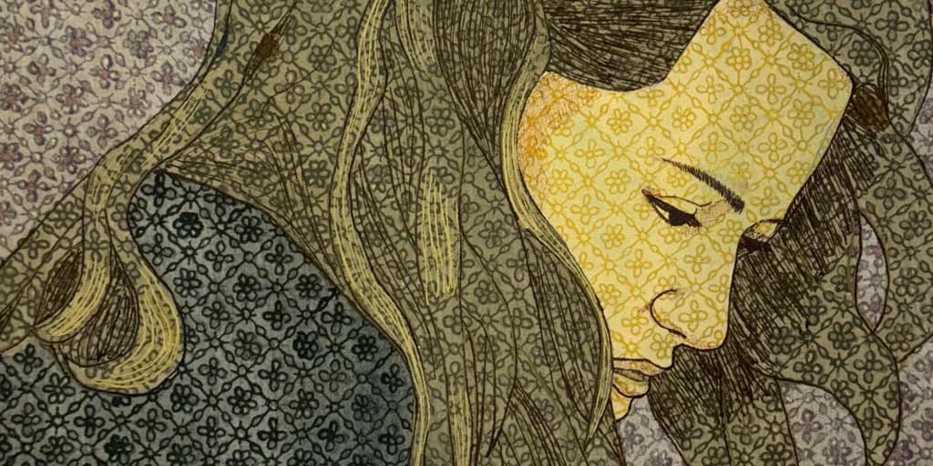 Profile of woman's face with yellow skin rendered in woodcut or relief-print style, eyes closed, against textured neutral background with linear patterns.
