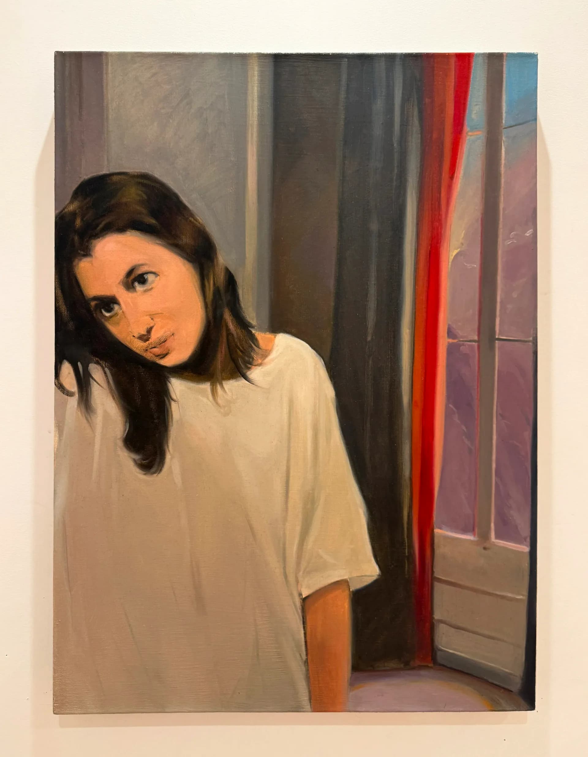 Portrait painting of a woman in a cream-colored shirt, seated indoors with colorful striped curtains and geometric forms in muted background tones.