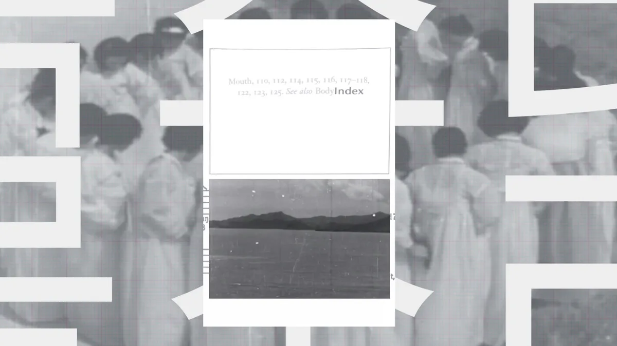 Mixed-media collage combining grayscale photographs of figures with white geometric shapes and a serene landscape photograph in the center.