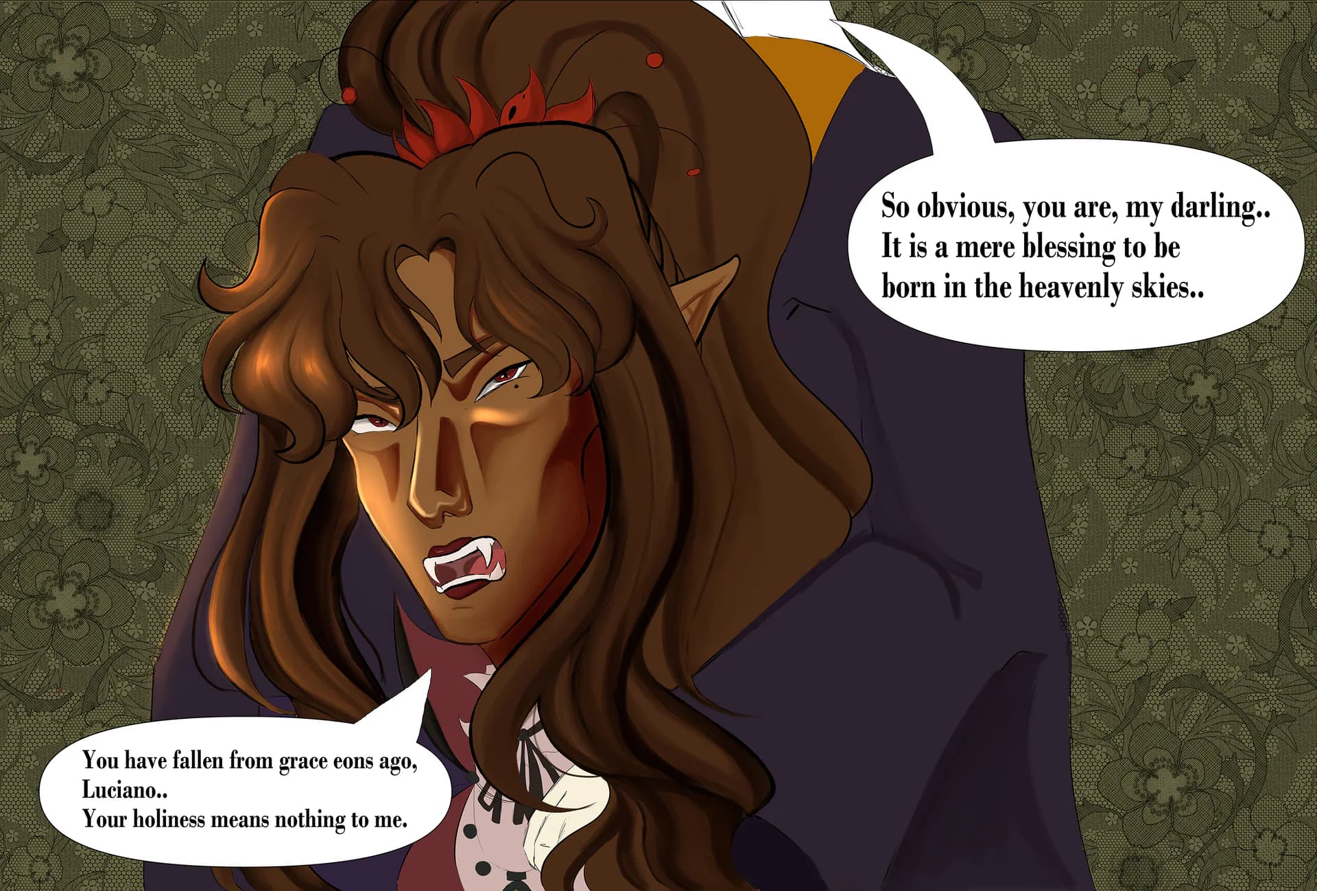 Illustrated digital artwork of two characters in dialogue against a patterned green background, featuring expressive faces and dramatic narrative composition.