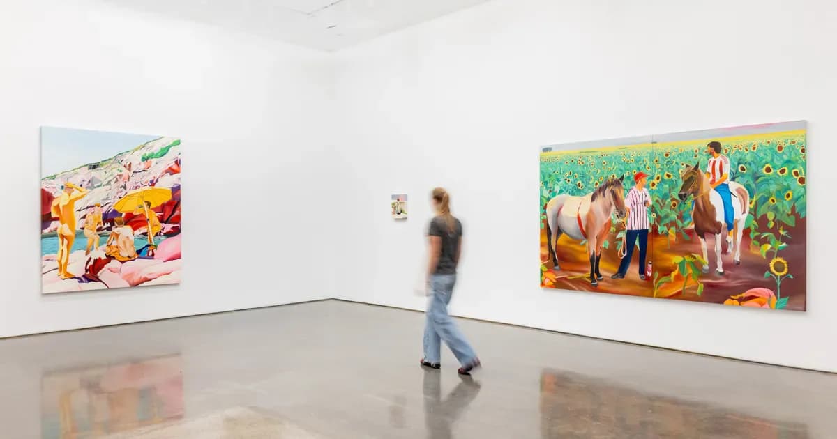 A gallery visitor walks through a white-walled gallery space at Yossi Milo Gallery, with colorful figurative paintings displayed on either side.