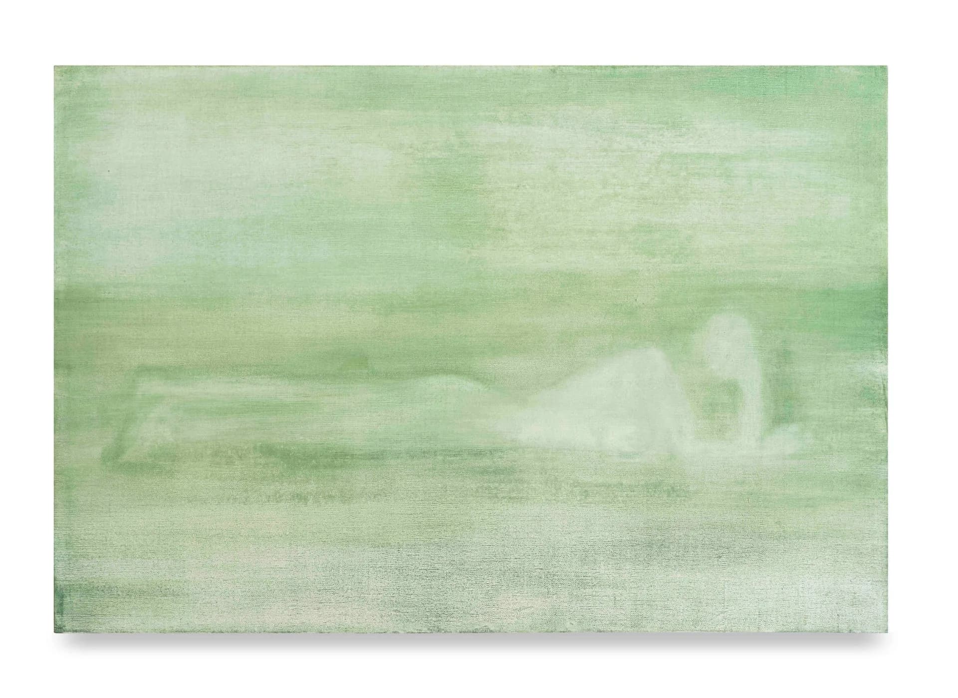 Abstracted figure in pale greens and whites, painted with soft, layered brushstrokes suggesting a reclining form.