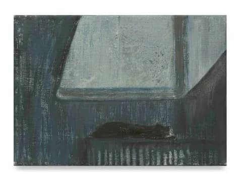 Dark atmospheric painting in muted blues and grays depicting a window with obscured interior space and vertical striped elements.