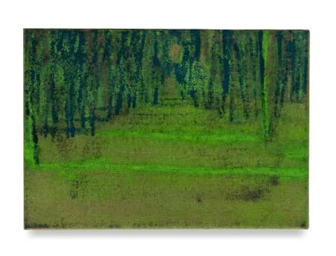 Landscape painting with dense dark forest treeline at top transitioning to open pale green meadow, rendered in mottled greens and earth tones.